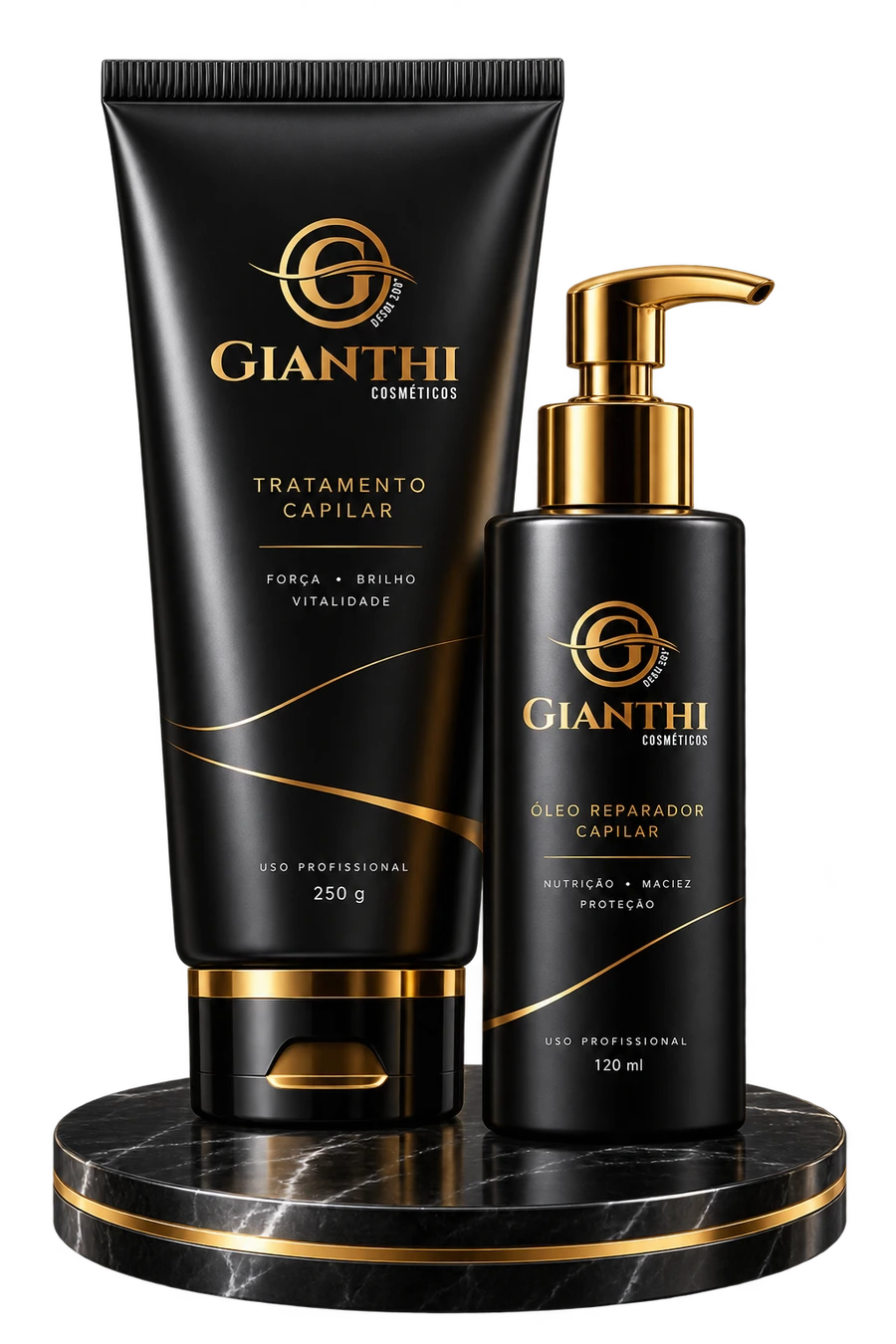 Linha capilar Gianthi com embalagens para shampoo, máscara e tratamento