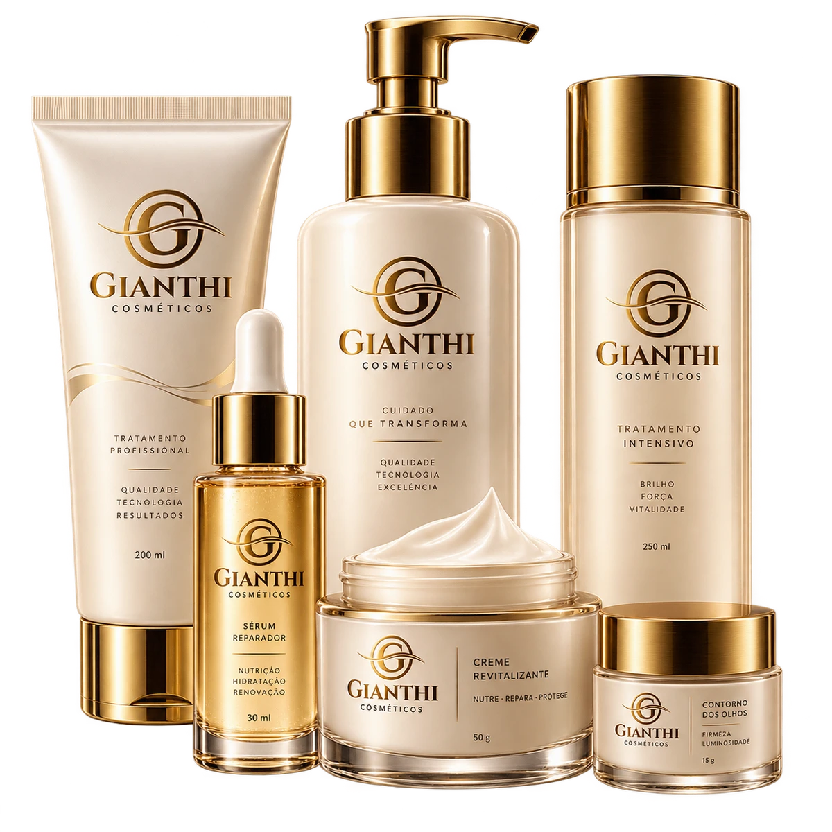 Linha facial Gianthi com sérum, creme e produtos de cuidados para a pele